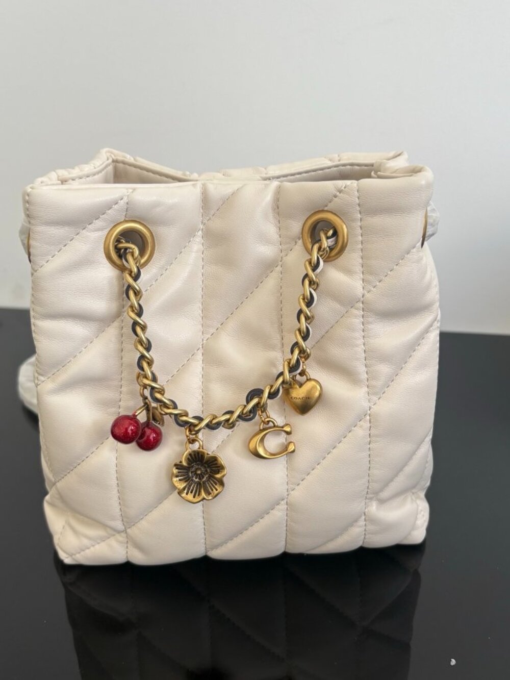 🤍Coach White Quilted Mini Bucket Bag Cherry Charm Crossbody